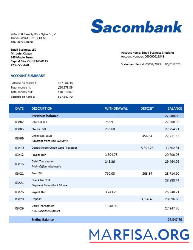Printable Sacombank organization checking account statement Word and PDF template